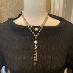 Faux Pearl/Faux Topaz Bead Double Strand Tassel Necklace 14"